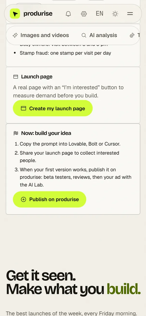Screenshot of the produrise copilot: Market research and competitor analysis with AI