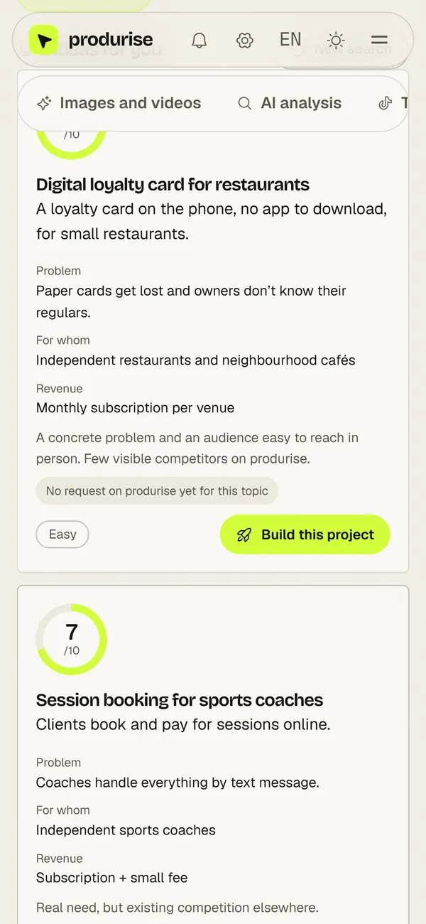 Screenshot of the produrise copilot: Find a SaaS idea that can sell