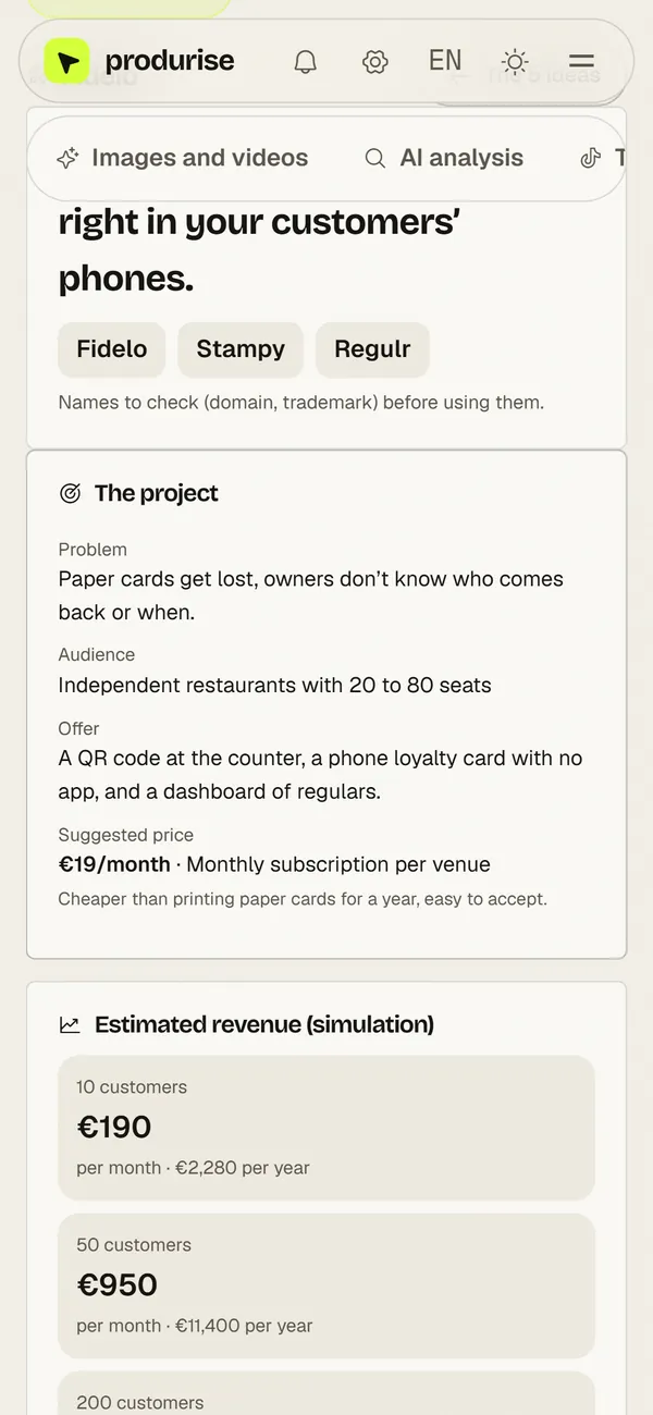 Screenshot of the produrise copilot: AI business plan