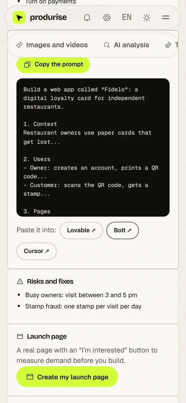 Screenshot of the produrise copilot: Build an app without coding using AI