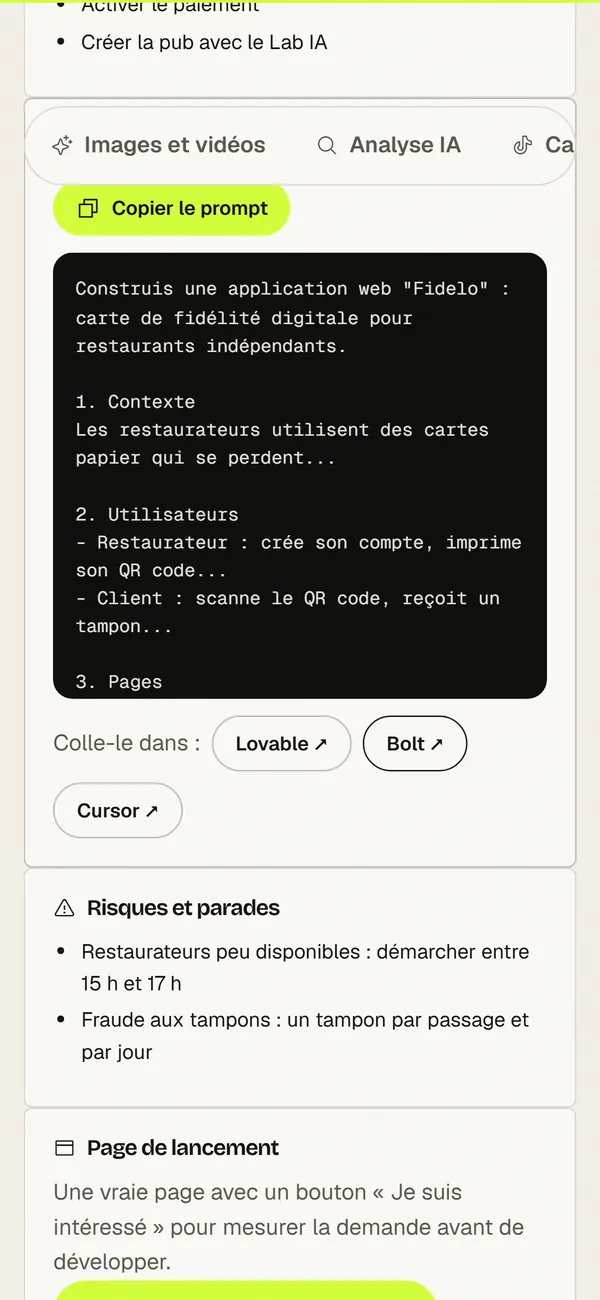 Capture du copilote produrise : Le prompt pour créer ton application avec l’IA